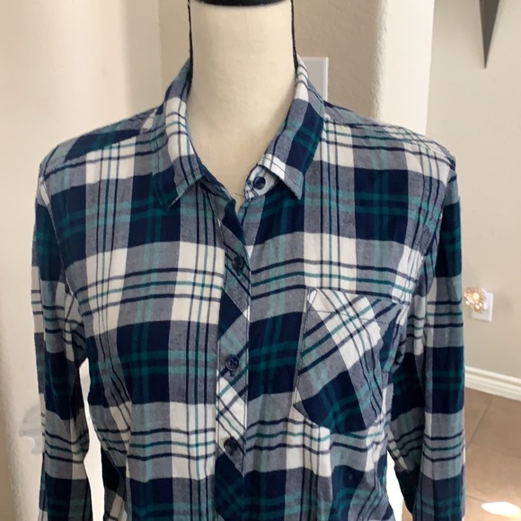 Faded Glory blue plaid flannel button down long sleeve shirt - Picture 5 of 15